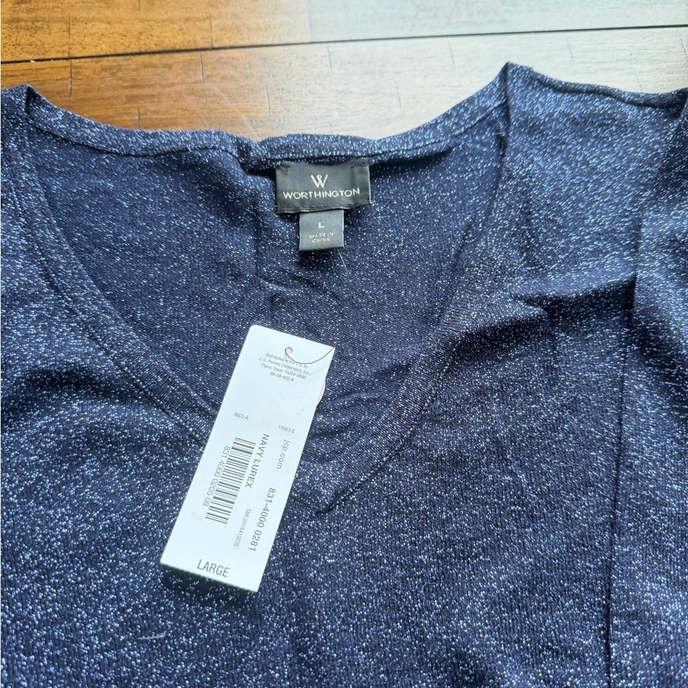 Women’s Lg Worthington Navy Sparkle Top with bows on the sleeves